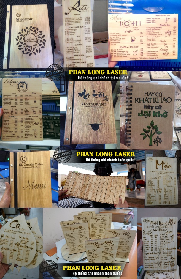 Khắc laser, Khắc chữ khắc logo hoa văn theo yêu cầu lên Menu bằng gỗ lấy ngay lấy liền giá rẻ